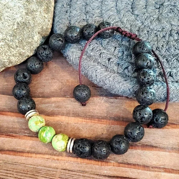 Chakra Bracelet Green Aqua Terra Jasper Black Lava Stones - Picture 4 of 7